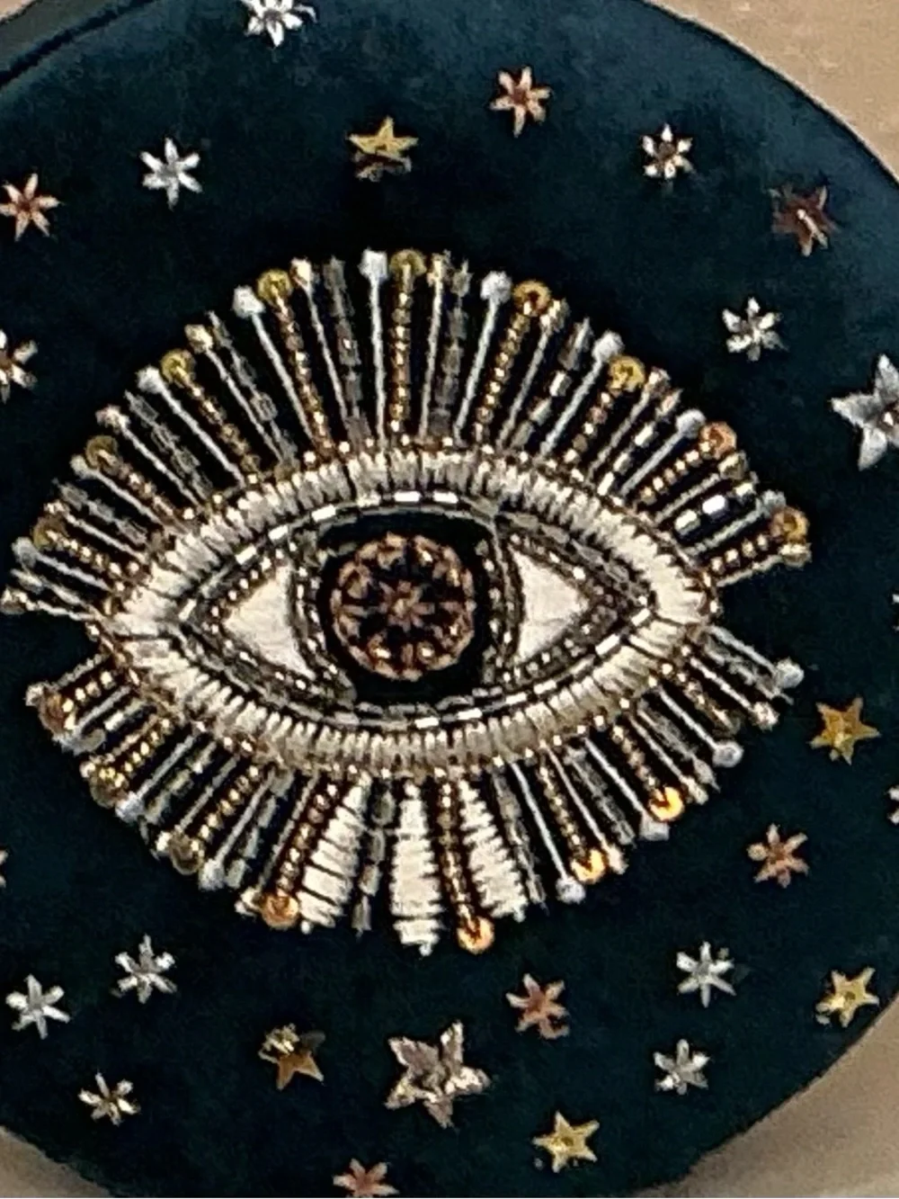 Beaded and Embroidered Dark Teal Velvet Evil Eye Round Jewelry Case